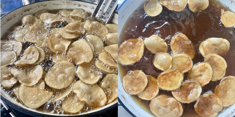 Image of When the oil reaches 350°F, gently slide a single layer of potatoes into the oil – this should bring the oil down to 300°F. Let the potatoes cook at 300°F, agitating and turning as needed until the slices are golden...